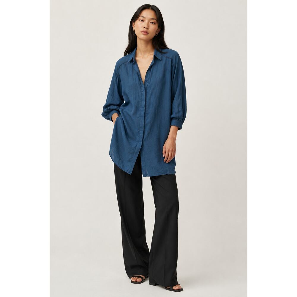 Babaton Aritzia Teal Blue 100% Ramie Lace Trim Oversized Shirt Dress Tunic XS